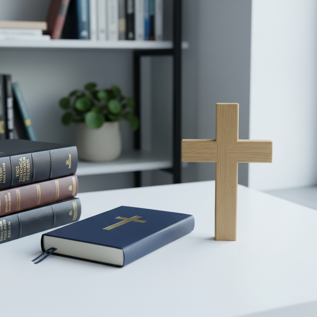 A simple wooden cross carved from light oak stands upright on a clean white desk beside a closed, navy-blue hardcover journal embossed with a subtle gold cross. A neatly arranged stack of theological reference books anchors the far edge of the frame. Cool, diffused daylight from a nearby window washes the scene, creating a soft, professional atmosphere with minimal shadows. In the blurred background, a modern bookshelf and a small potted plant add understated structure without drawing focus from the cross and journal. Captured in photographic realism from a slightly elevated angle with balanced composition and medium depth of field, the image feels orderly, calm, and wise—ideal for reflecting thoughtful Christian living and disciplined spiritual growth.