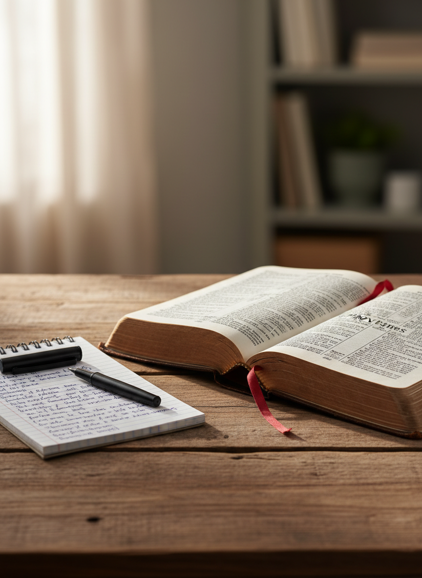 An open, well-worn leather Bible with thin, slightly wrinkled pages lies on a simple wooden desk, its ribbon marker resting near Proverbs. A fine-tipped pen and a small, lined notebook with tidy handwritten notes sit nearby, suggesting careful study. Soft morning light filters through an unseen window from the left, creating gentle highlights along the page edges and casting calm, elongated shadows across the grain of the wood. The background falls into a subtle blur of neutral tones, emphasizing the Scripture text in crisp photographic realism. Shot at an eye-level angle with a shallow depth of field and rule-of-thirds composition, the mood is quiet, professional, and contemplative, inviting thoughtful engagement with biblical wisdom for everyday life.